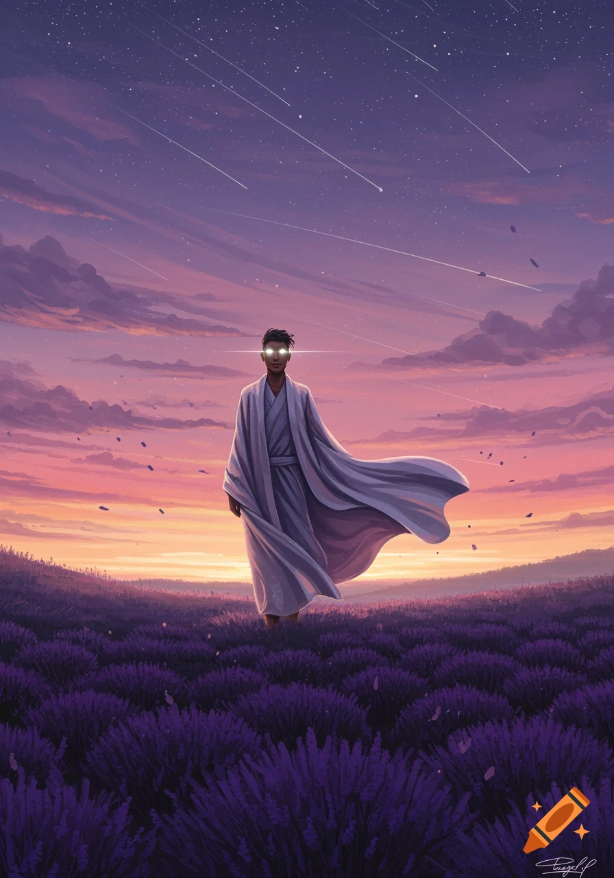 A person with glowing eyes in a white robe stands in a field of purple flowers under a starry, pink and purple sunset sky with shooting stars.