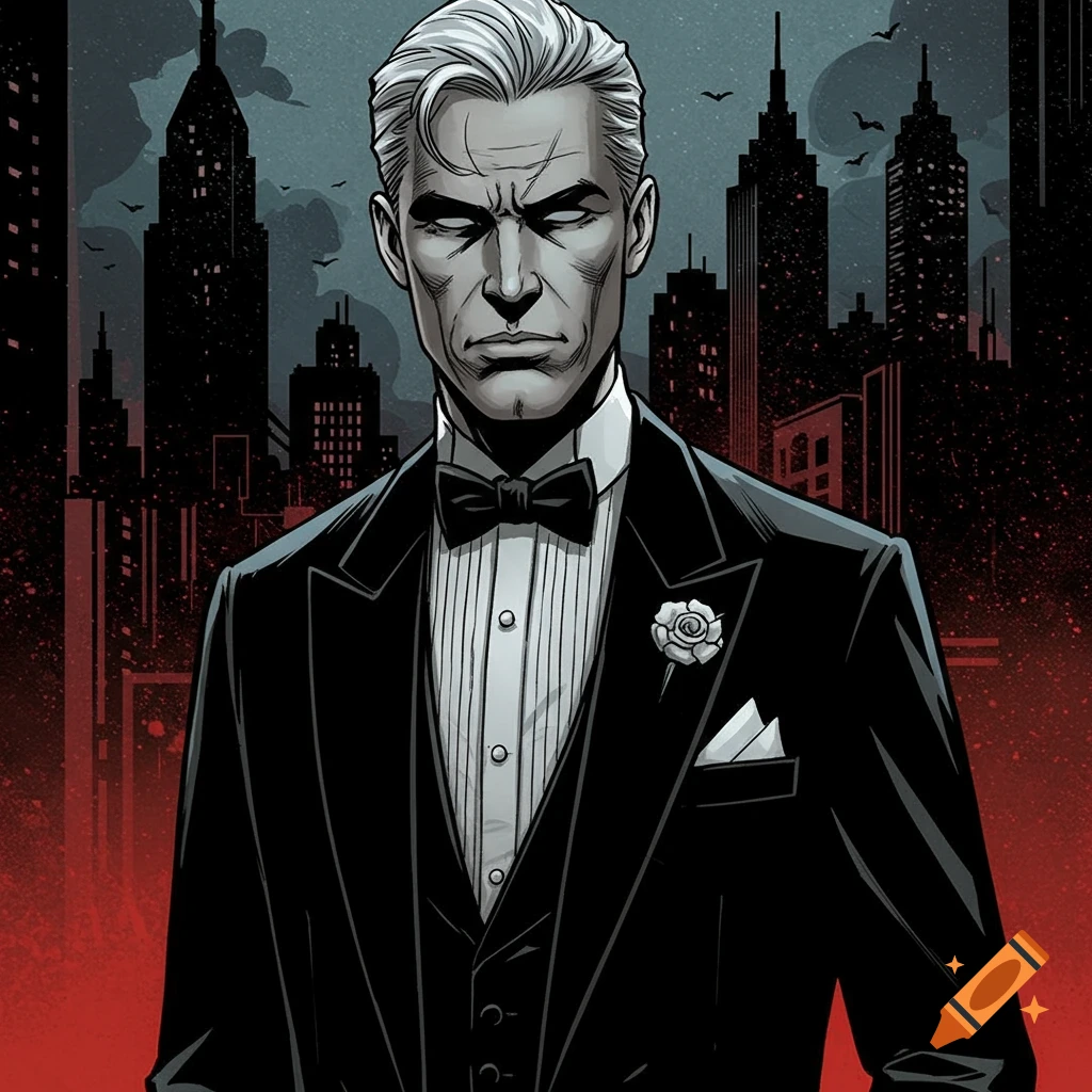 A stern man with white hair in a black tuxedo stands against a dark, stylized city skyline in a comic book art style.