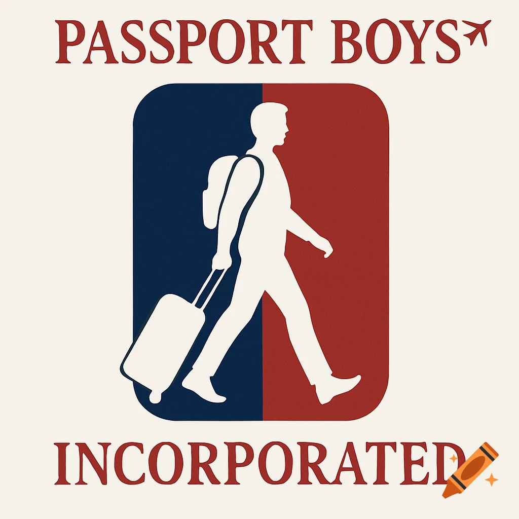 A logo featuring a white silhouette of a man walking with a suitcase and backpack against a blue and red split background. Text reads 'PASSPORT BOYS ' and 'INCORPORATED'.