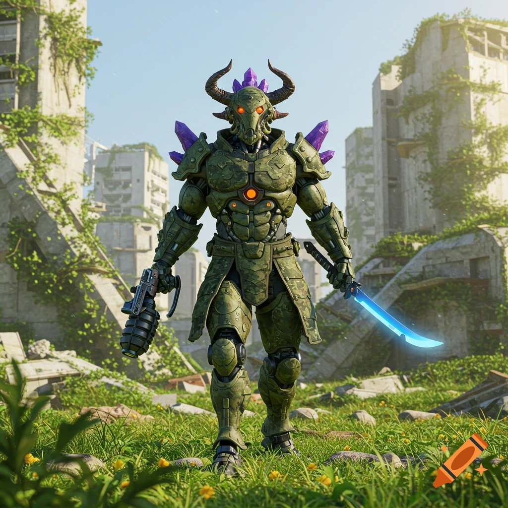 A camouflaged green robotic soldier with horns and purple crystals stands in a ruined, overgrown city, holding a grenade launcher and a glowing blue sword.