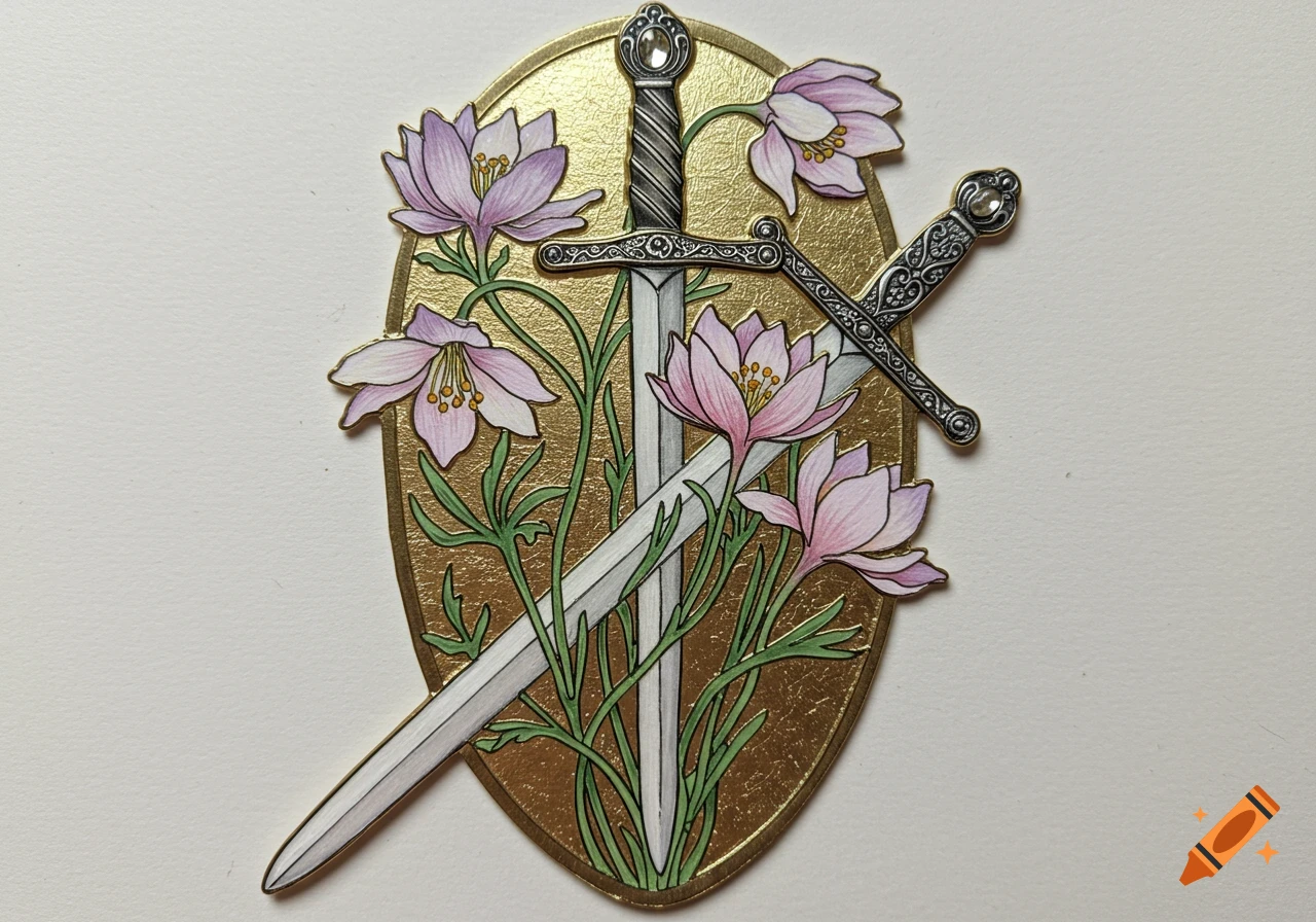 Art Nouveau illustration of two swords intertwined with pink prairie crocus flowers on a gold shield-like background.