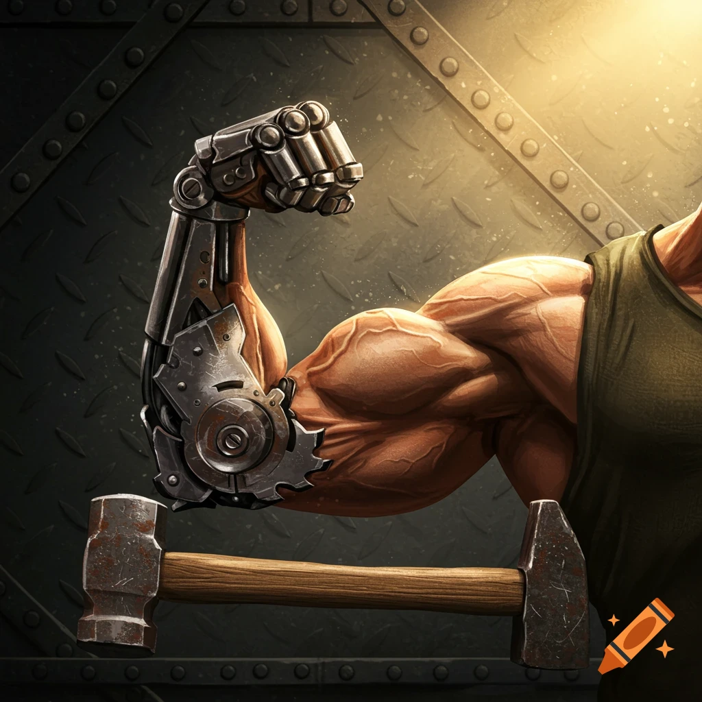 A muscular arm with a robotic bicep and forearm flexes, holding a double-headed hammer against a dark industrial metal background.
