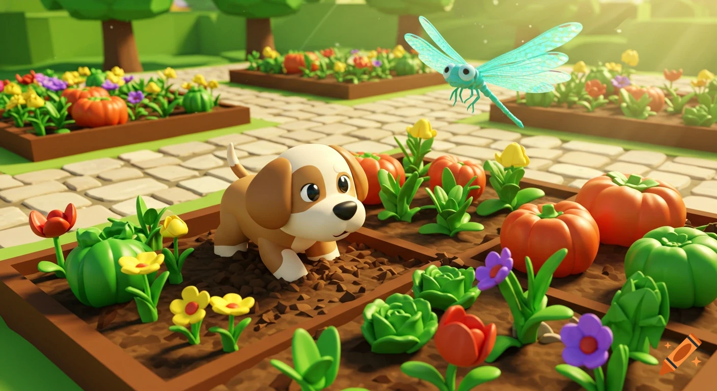 A cute brown and white cartoon dog in a garden with colorful cartoon vegetables and flowers, a blue dragonfly flying overhead.