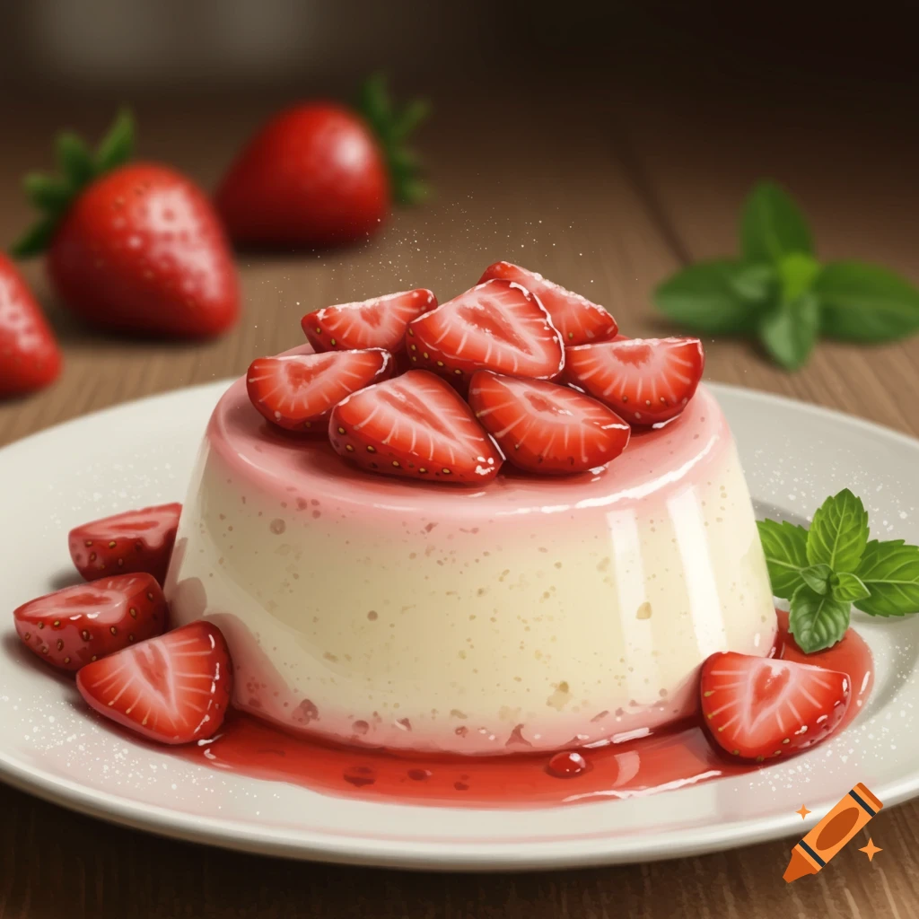 A photorealistic image of a strawberry panna cotta topped with sliced strawberries and mint, on a white plate.