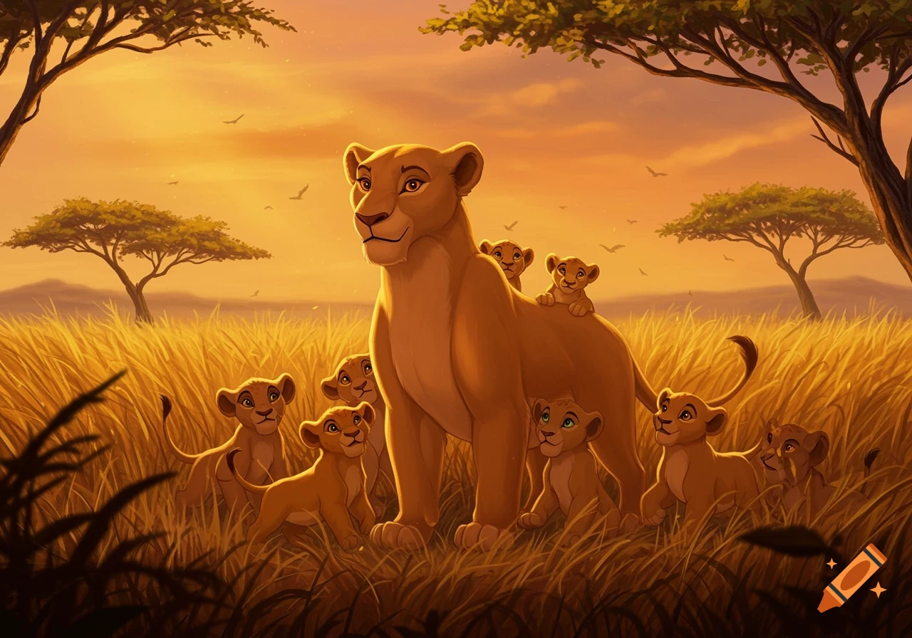 A majestic lioness stands surrounded by her playful cubs in a golden savanna at sunset, in The Lion King animated style.