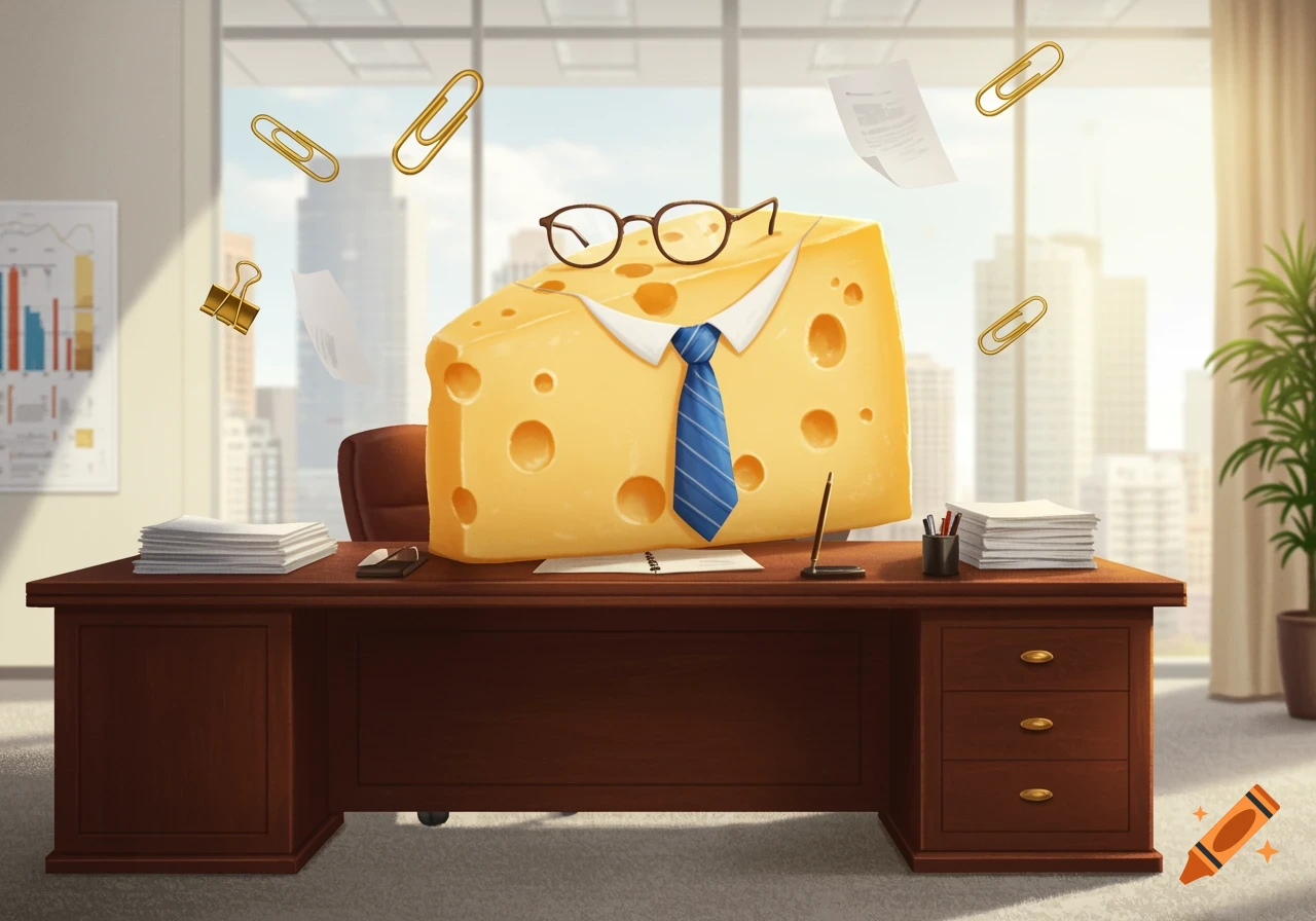 A cartoon block of Swiss cheese wearing a shirt, tie, and glasses sits at a desk in an office with floating paper clips and papers.