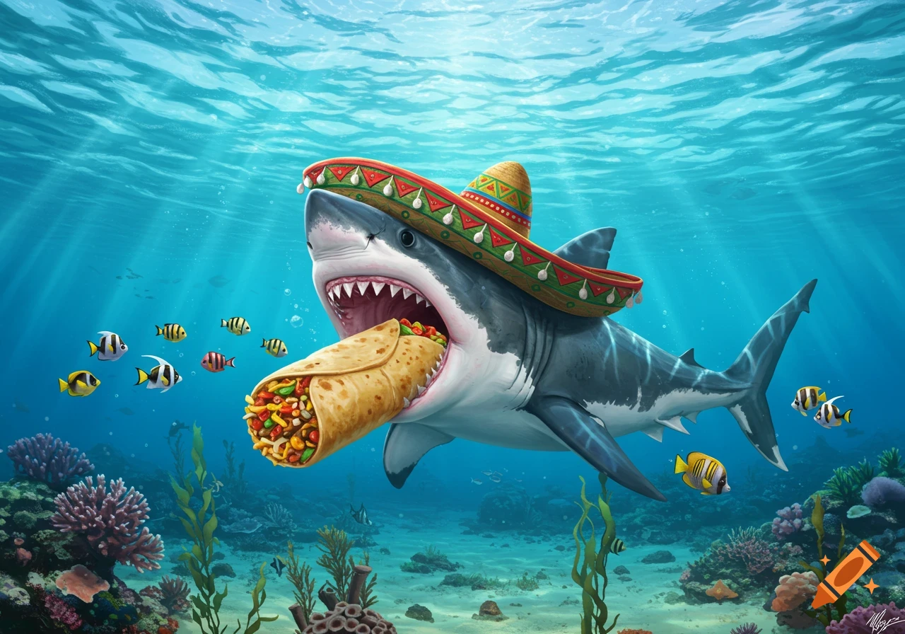 A cartoon great white shark wearing a sombrero eats a giant burrito underwater surrounded by fish and coral.