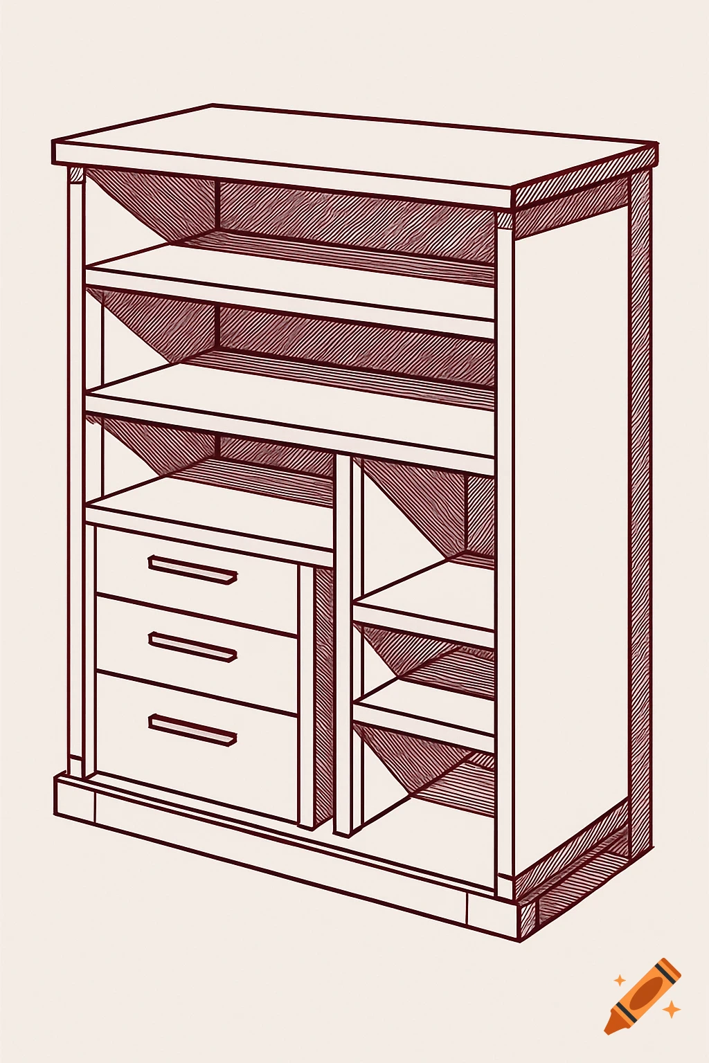 Line art drawing of a storage unit with shelves and drawers, in dark red outline on a light background.