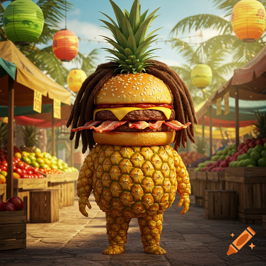 An anthropomorphic pineapple character with a cheeseburger head and dreadlock bacon stands in a sunny tropical market.