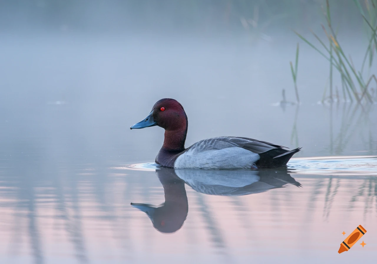 A photorealistic duck with a deep red head and gray body swims calmly on misty water, showing its reflection.