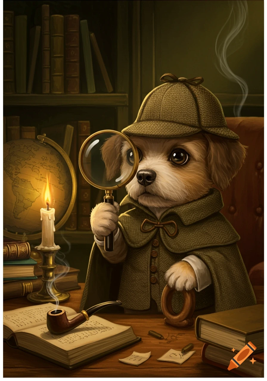 A cute dog dressed as a detective, wearing a deerstalker hat and cape, holds a magnifying glass while sitting at a desk with an open book, pipe, candle, and globe.