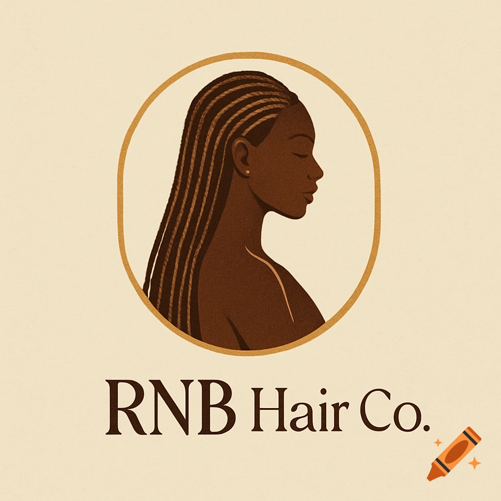 Logo of a Black woman's profile with long braids in a gold circle, text reads 'RNB Hair Co.'