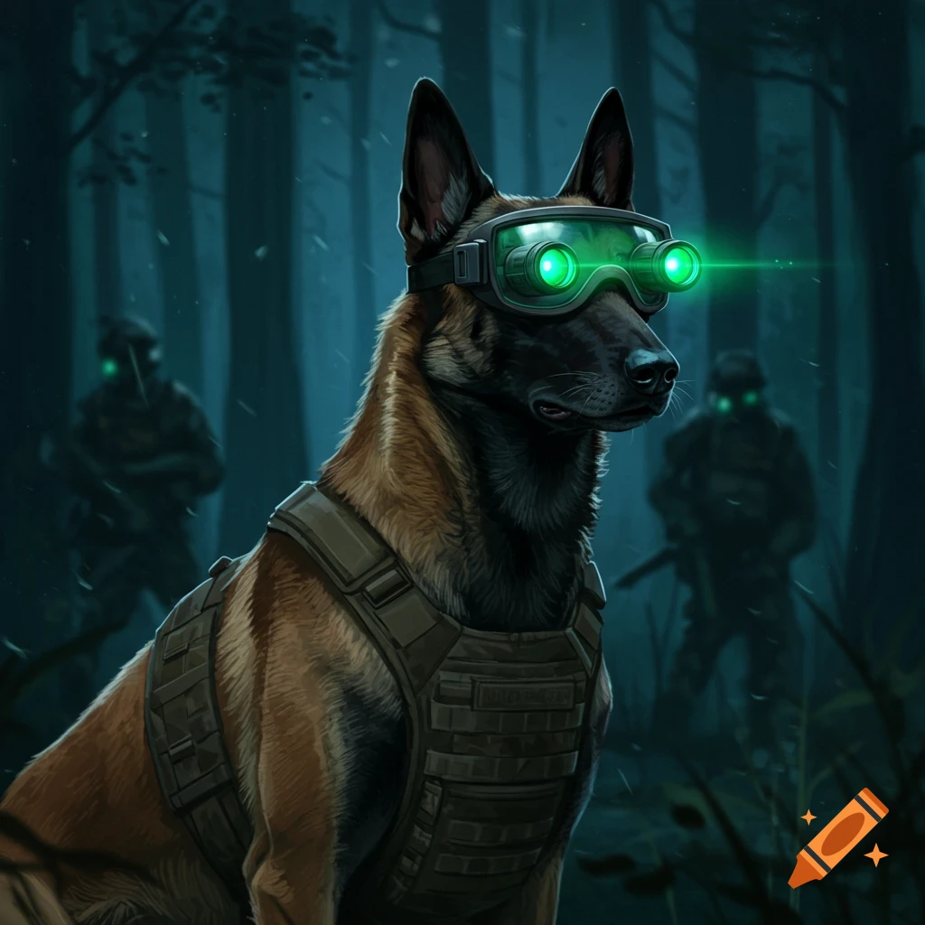 A Belgian Malinois dog wearing tactical gear and glowing green night vision goggles stands in a dark forest, with blurred soldiers in the background.