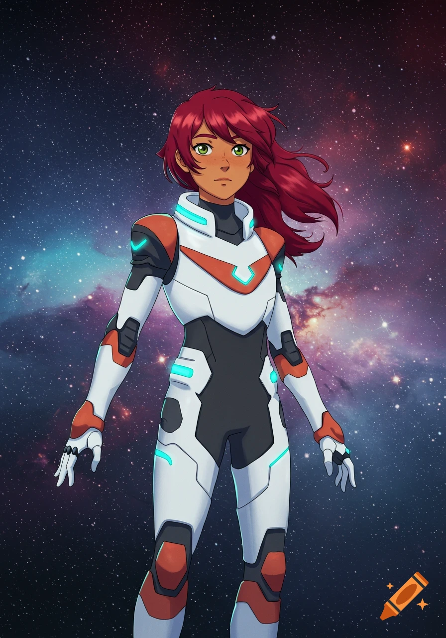An anime girl with red hair and tan skin in white and orange Voltron Paladin armor floats in space.