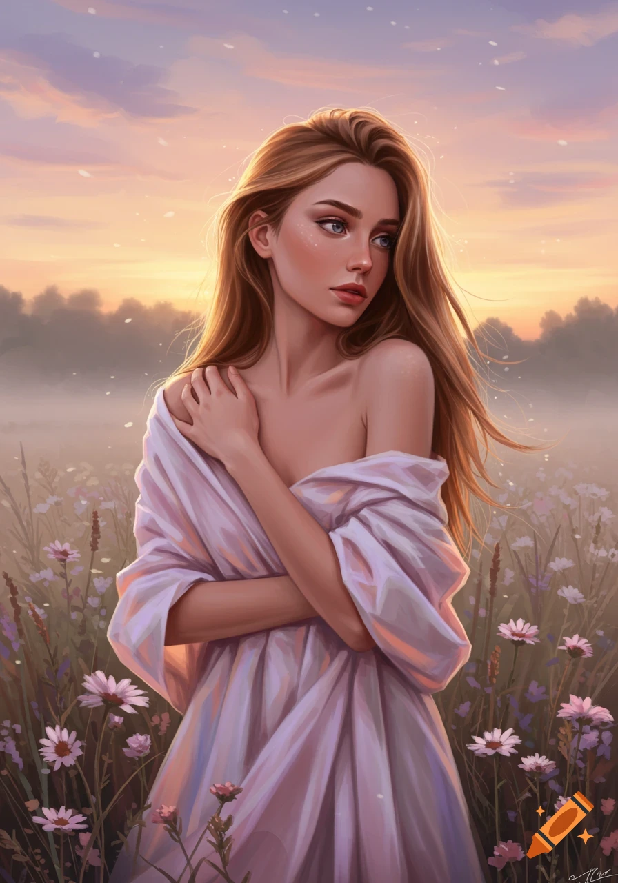 Digital painting of a woman with long hair in a light-colored dress, standing in a field of wildflowers at sunset.