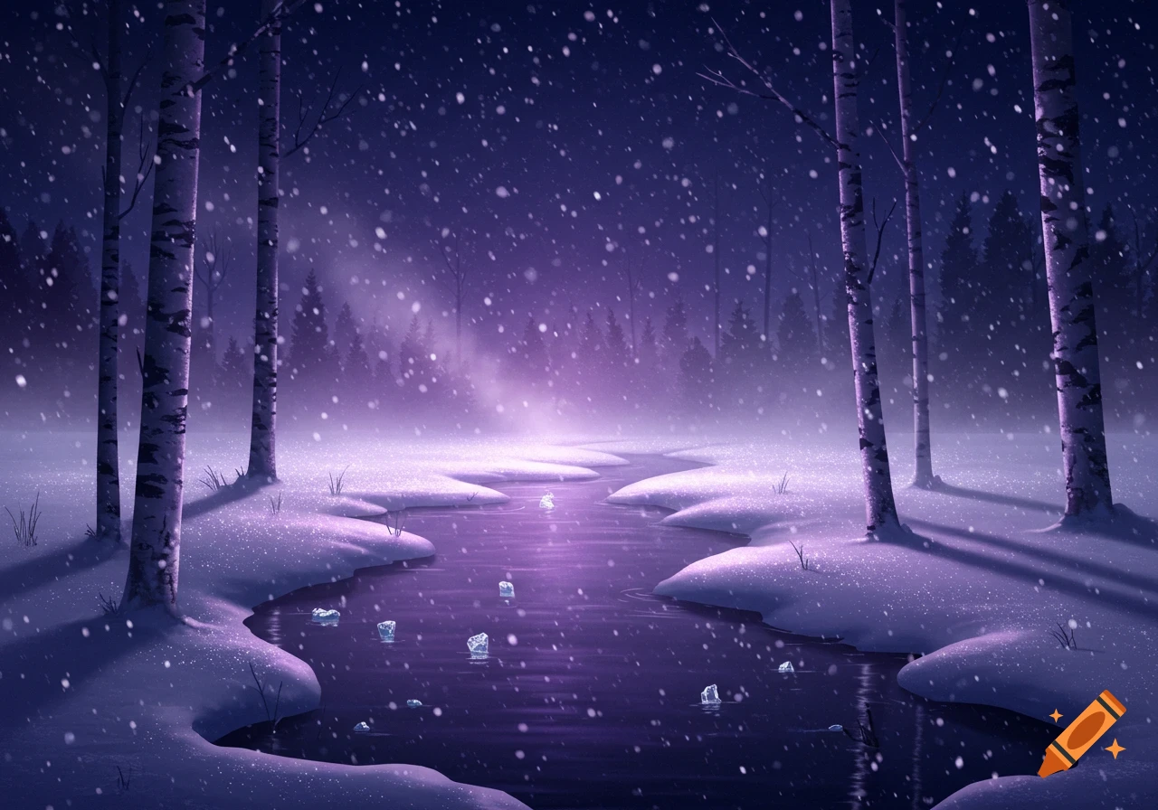 A beautiful purple winter landscape with snow falling on birch trees and a winding stream with floating ice chunks.