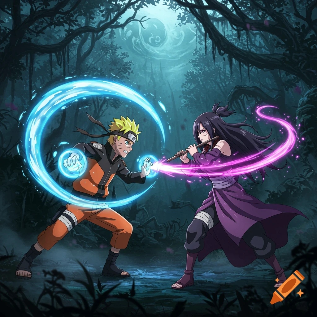Naruto and Tayuya battle in a dark forest, surrounded by glowing blue and purple magical energy in an anime style.