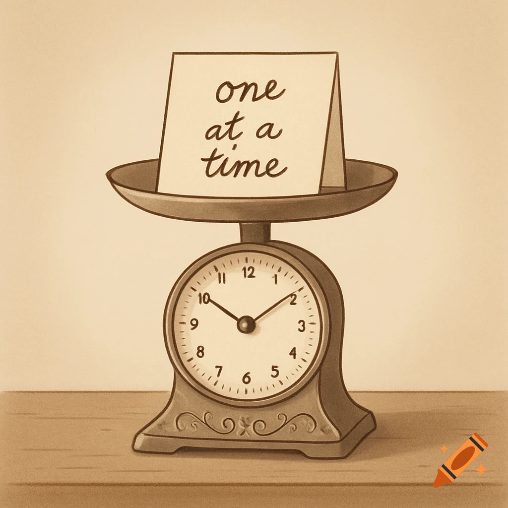 An illustration of a vintage scale with a clock face and a card on its pan that reads 'one at a time'.