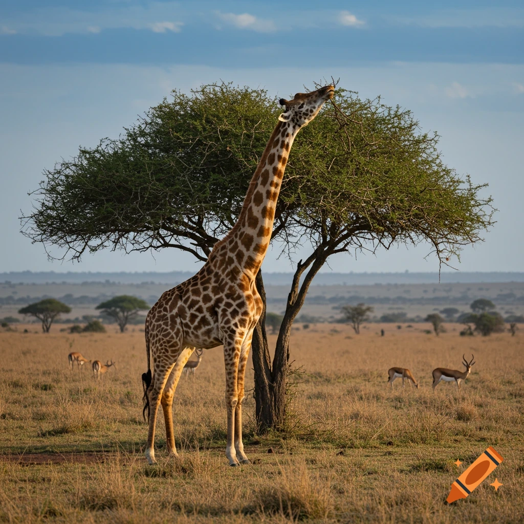 A tall giraffe stretches its neck to eat leaves from an acacia tree in a dry savanna with other animals in the background under a blue sky.