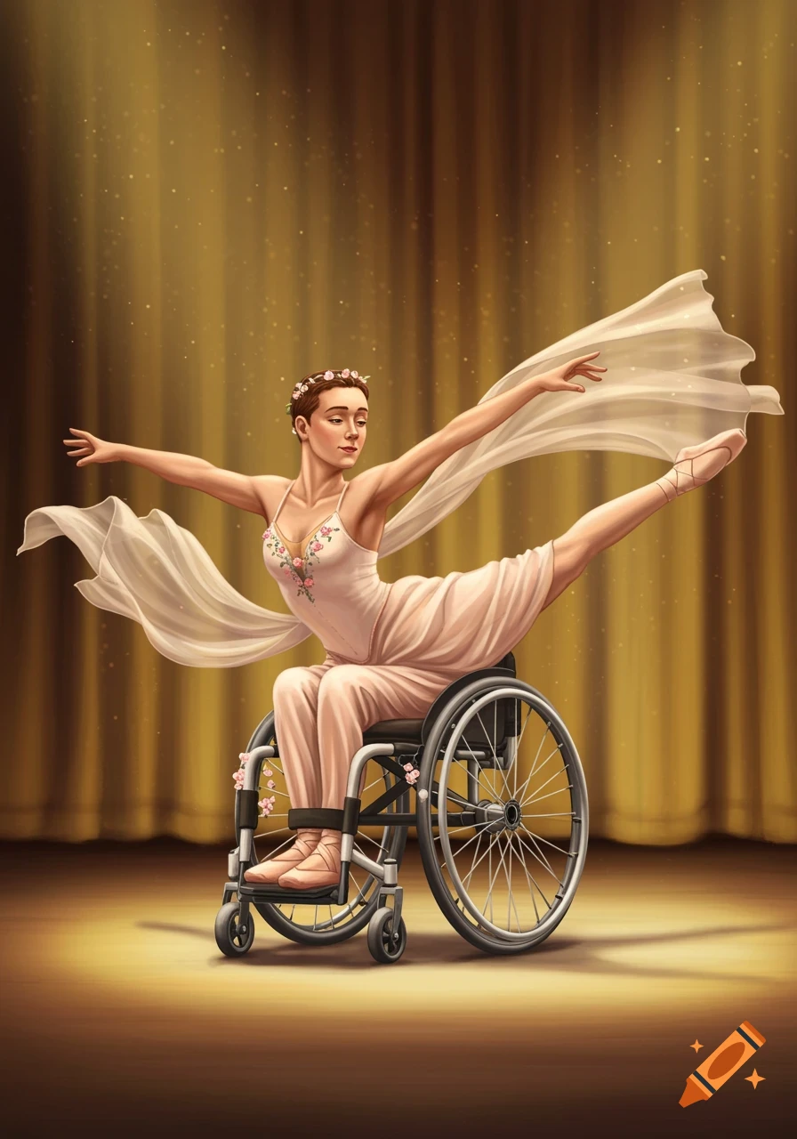 An illustration of a ballerina in a wheelchair performing ballet on a golden stage.