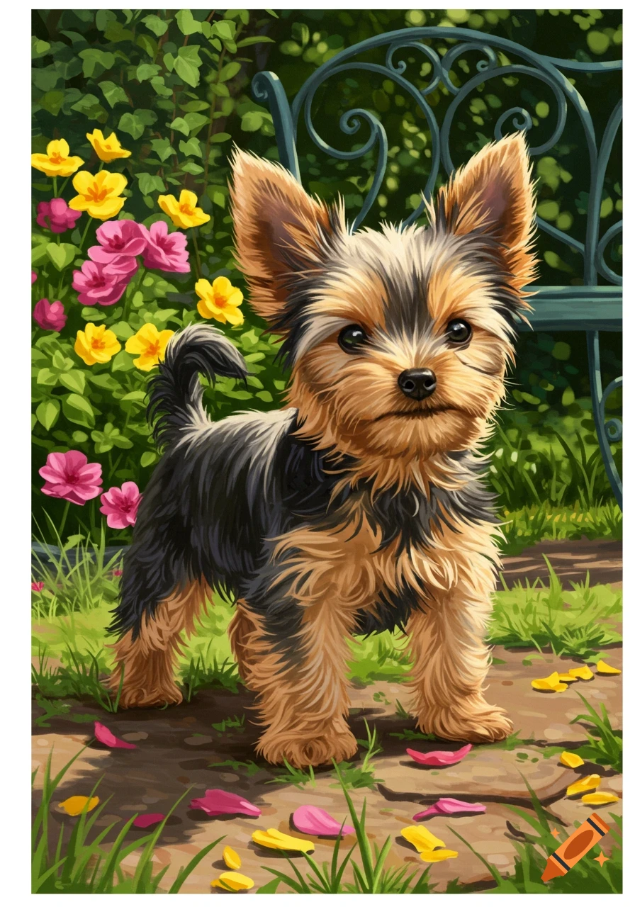 A cute Yorkshire Terrier puppy stands in a vibrant garden with pink and yellow flowers and scattered petals on the ground, in a digital painting style.