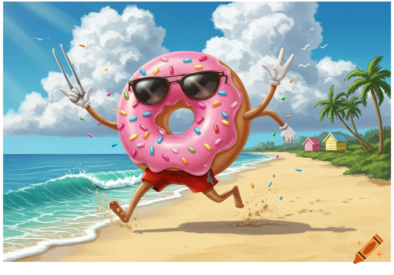 A cartoon donut wearing sunglasses and red swim trunks runs on a sunny beach, with sprinkles scattering behind it and palm trees in the background.