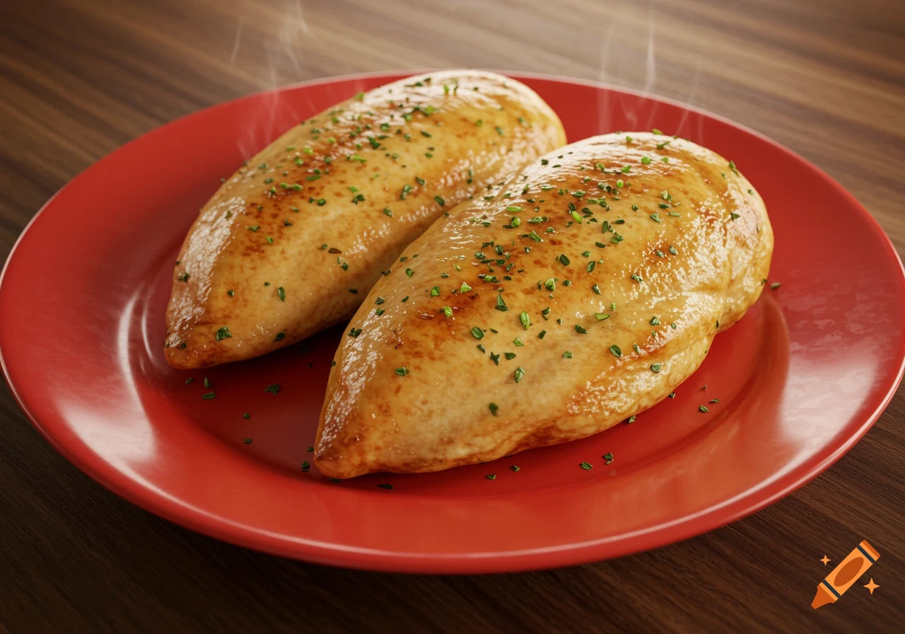 Two golden-brown cooked chicken breasts topped with herbs and steam, served on a vibrant red plate.