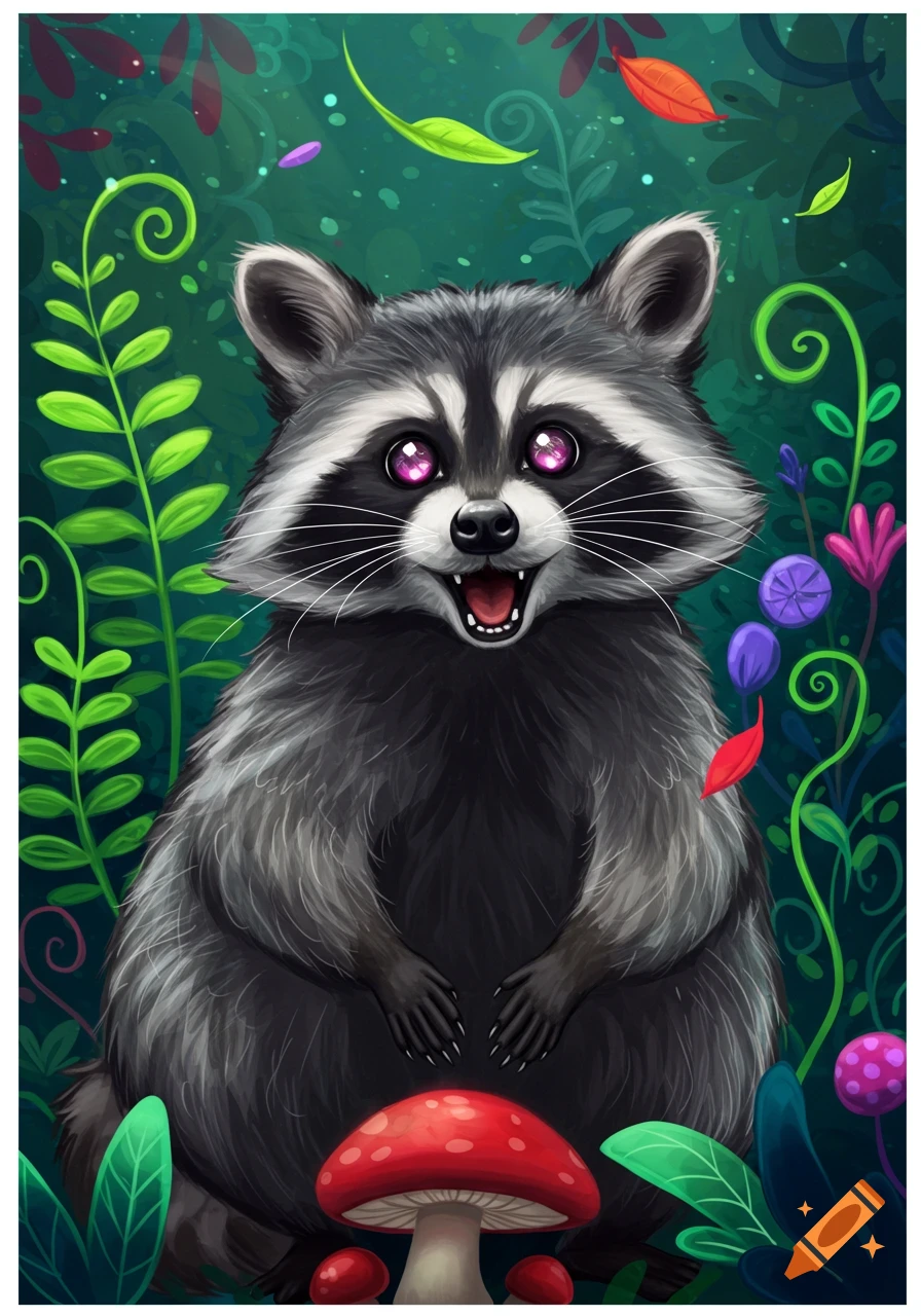 A cute, hyper-looking raccoon with large purple eyes sits in a vibrant green fantasy forest with red mushrooms and colorful leaves in a neotraditional illustration style.