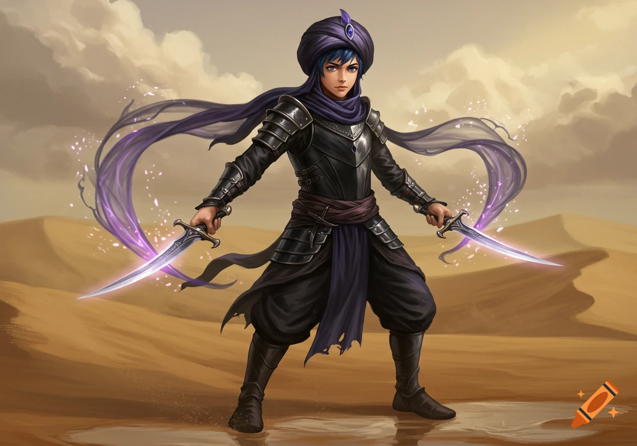 A young man in black armor and a turban stands in a desert, holding two daggers with a purple aura. Digital painting.
