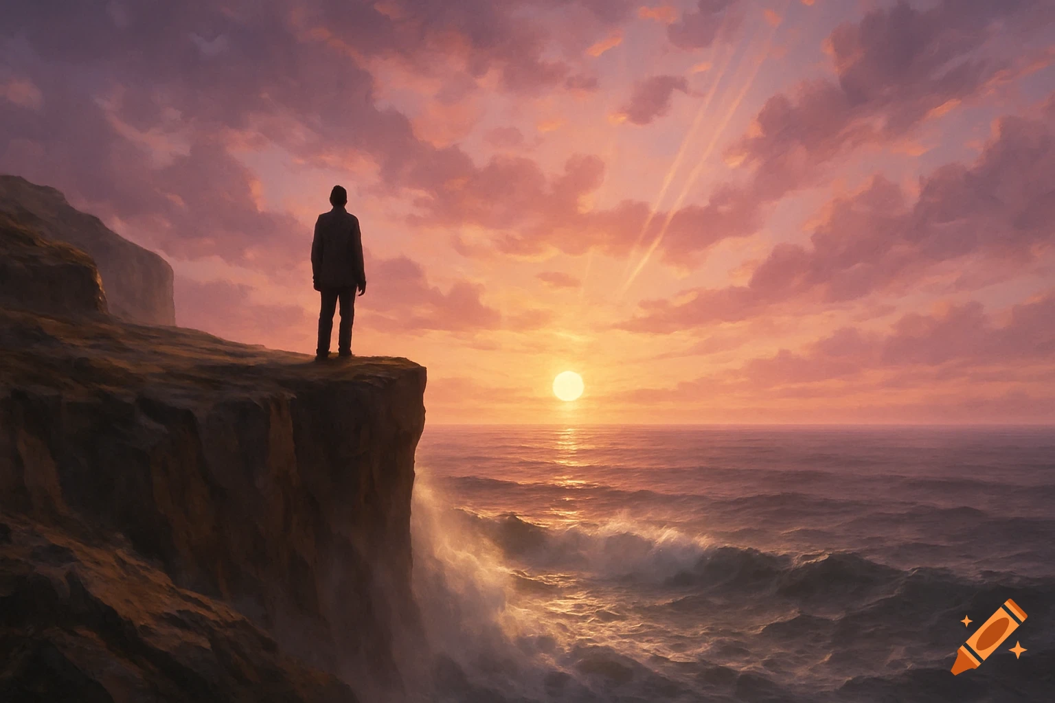 A lone figure stands on a cliff overlooking a vast ocean at sunset under a dramatic sky.