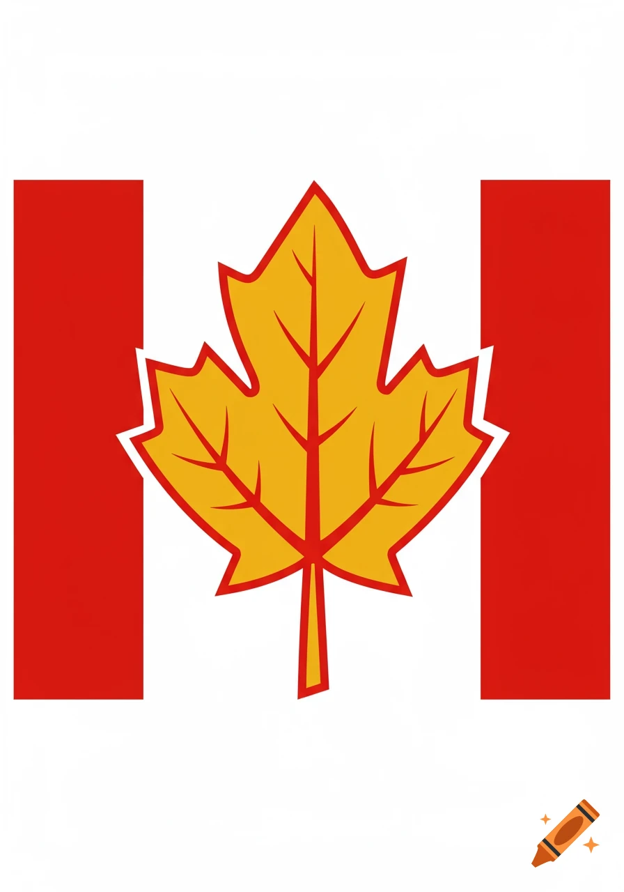 A stylized Canadian flag featuring a yellow, mustard-like leaf in the center on a white square, flanked by red bars.