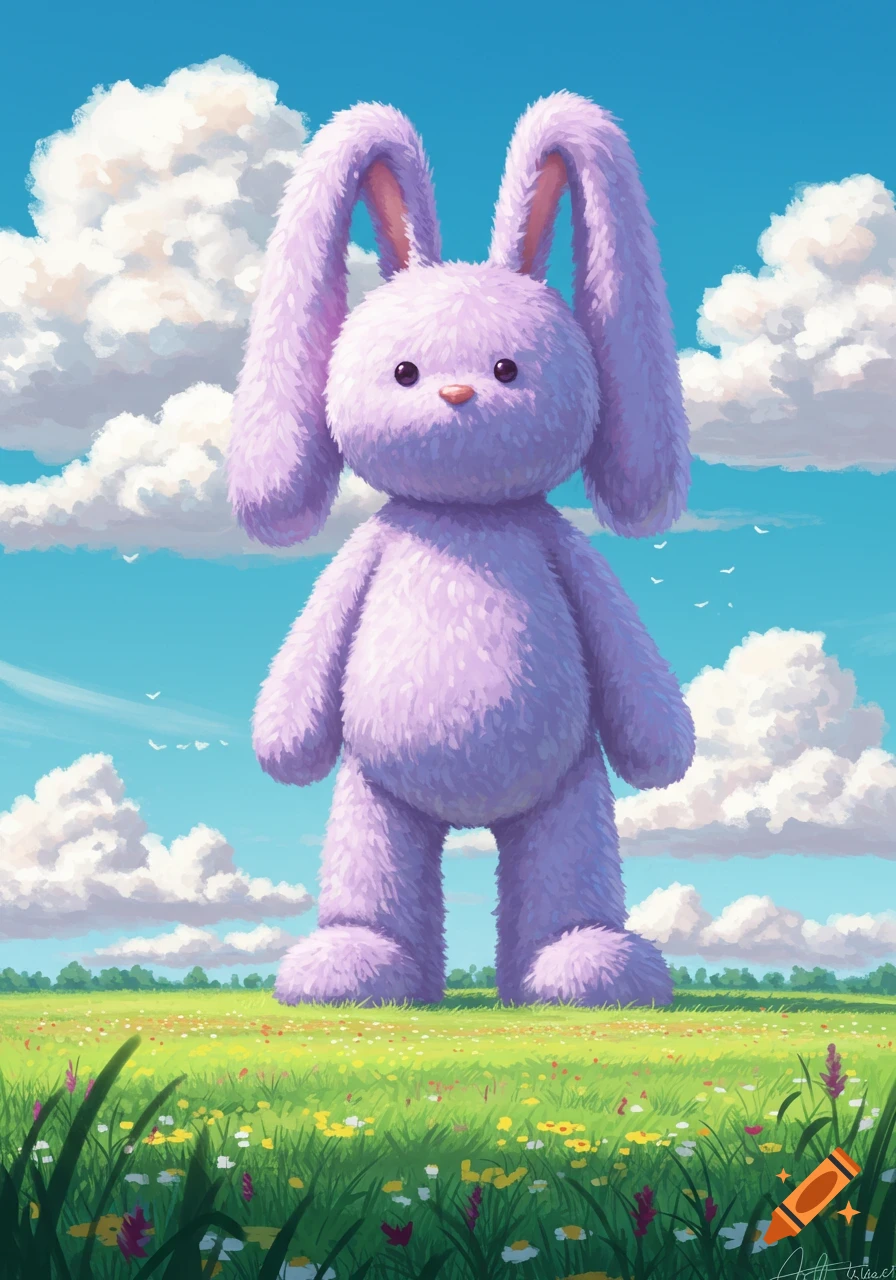 A gigantic lavender stuffed bunny rabbit stands in a vibrant green field under a bright blue sky with fluffy white clouds.