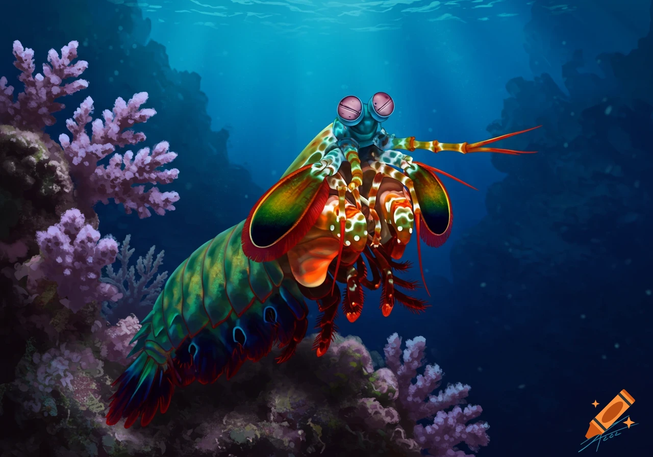 A colorful peacock mantis shrimp with large eyes swims among purple coral in a bright blue ocean.