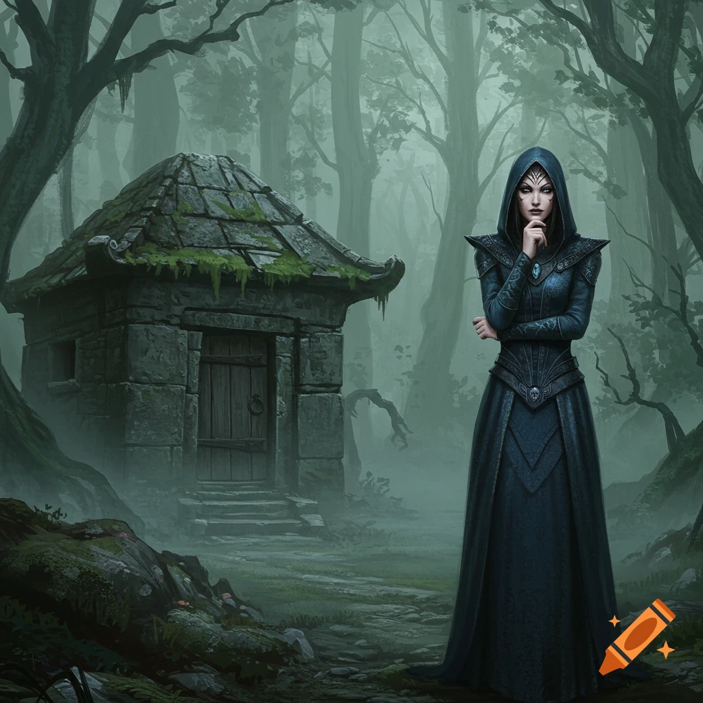 A cloaked witch stands in a misty forest with a moss-covered stone hut.