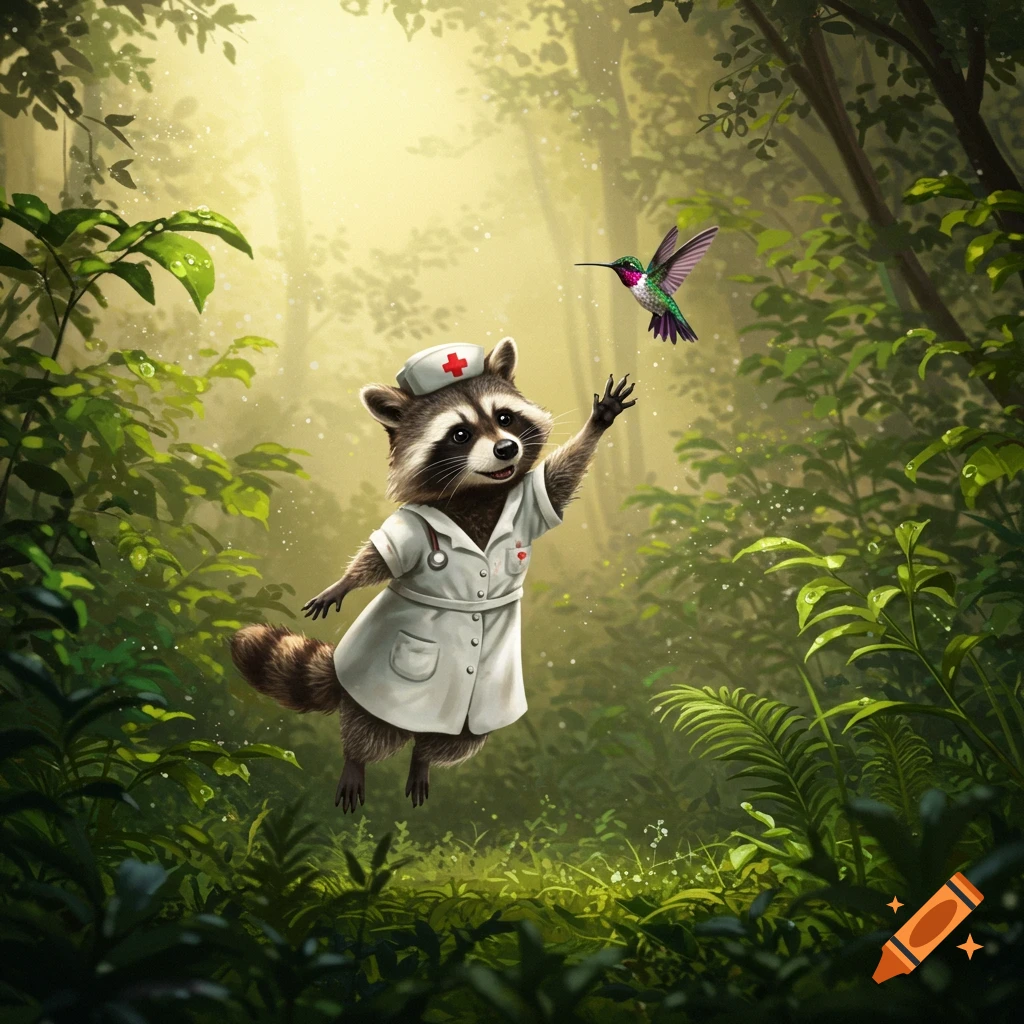 A cartoon raccoon in a nurse's uniform reaches for a hummingbird in a sunlit forest.