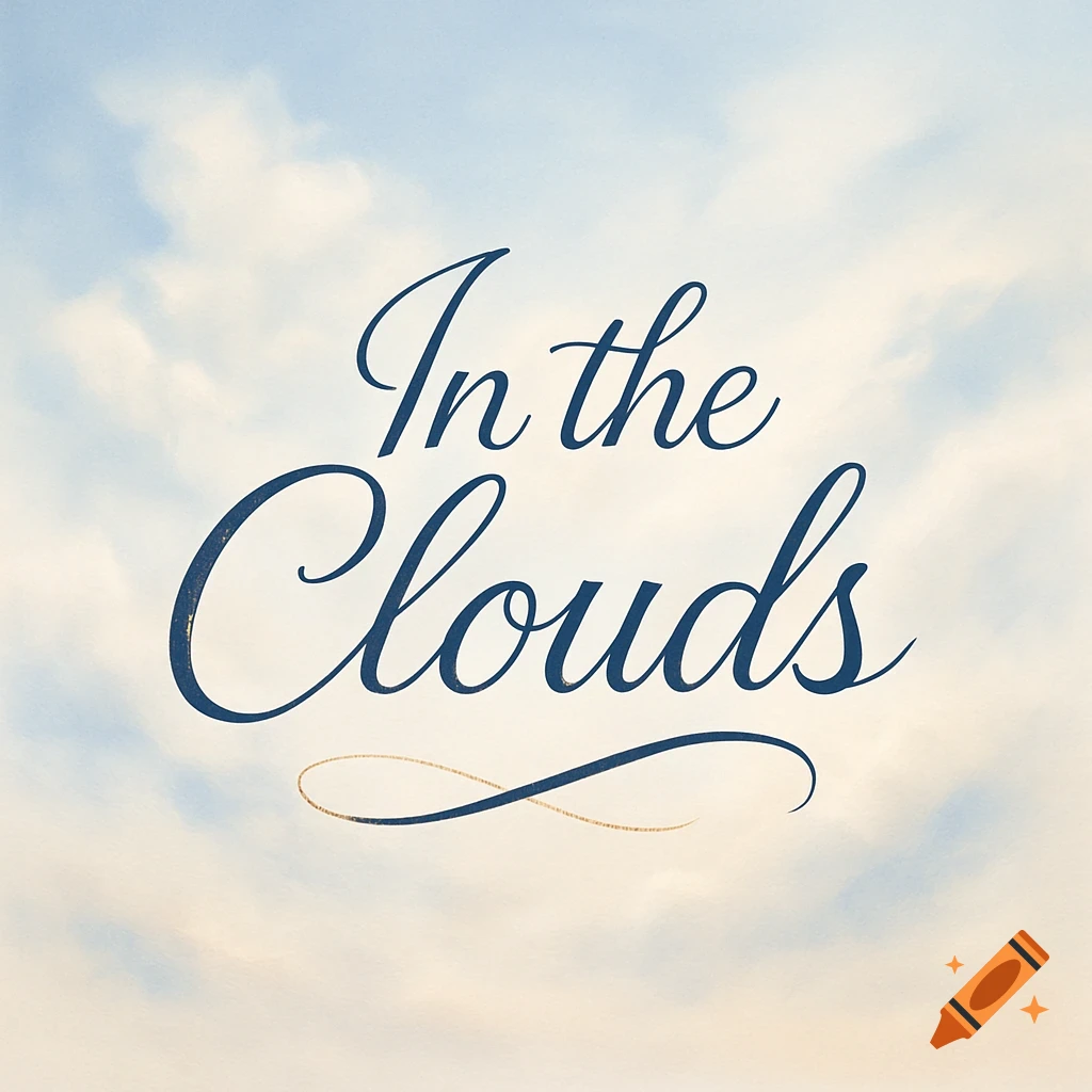 A blue cursive logo for 'In the Clouds' against a soft, cloudy sky background.