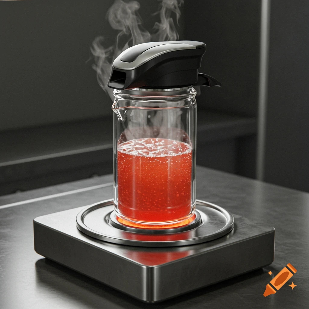A photorealistic image of a glass beaker with red liquid and a black cap, steaming on a metallic hot plate.