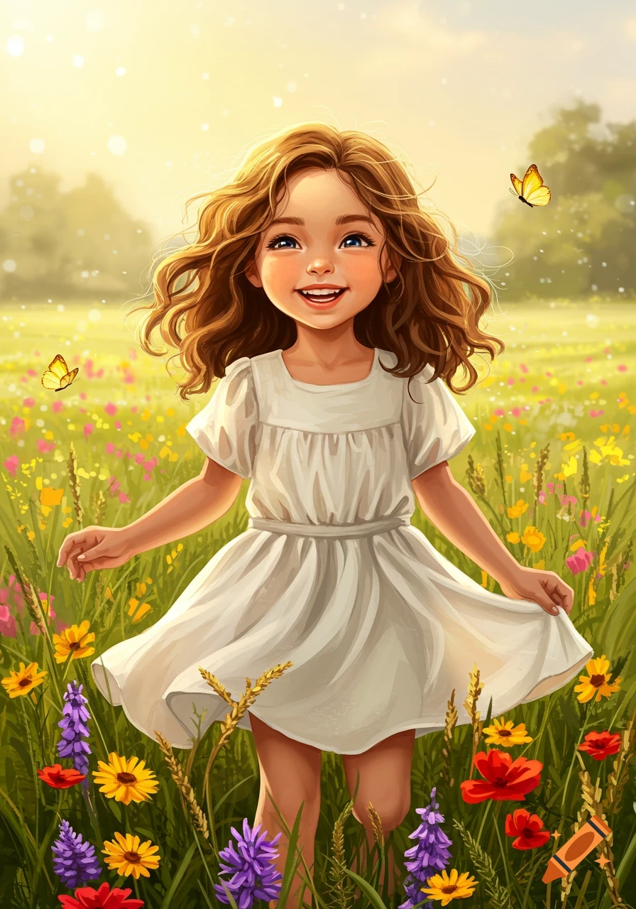 A cheerful illustrated young girl with curly hair smiles in a sunlit field of colorful wildflowers, with butterflies.