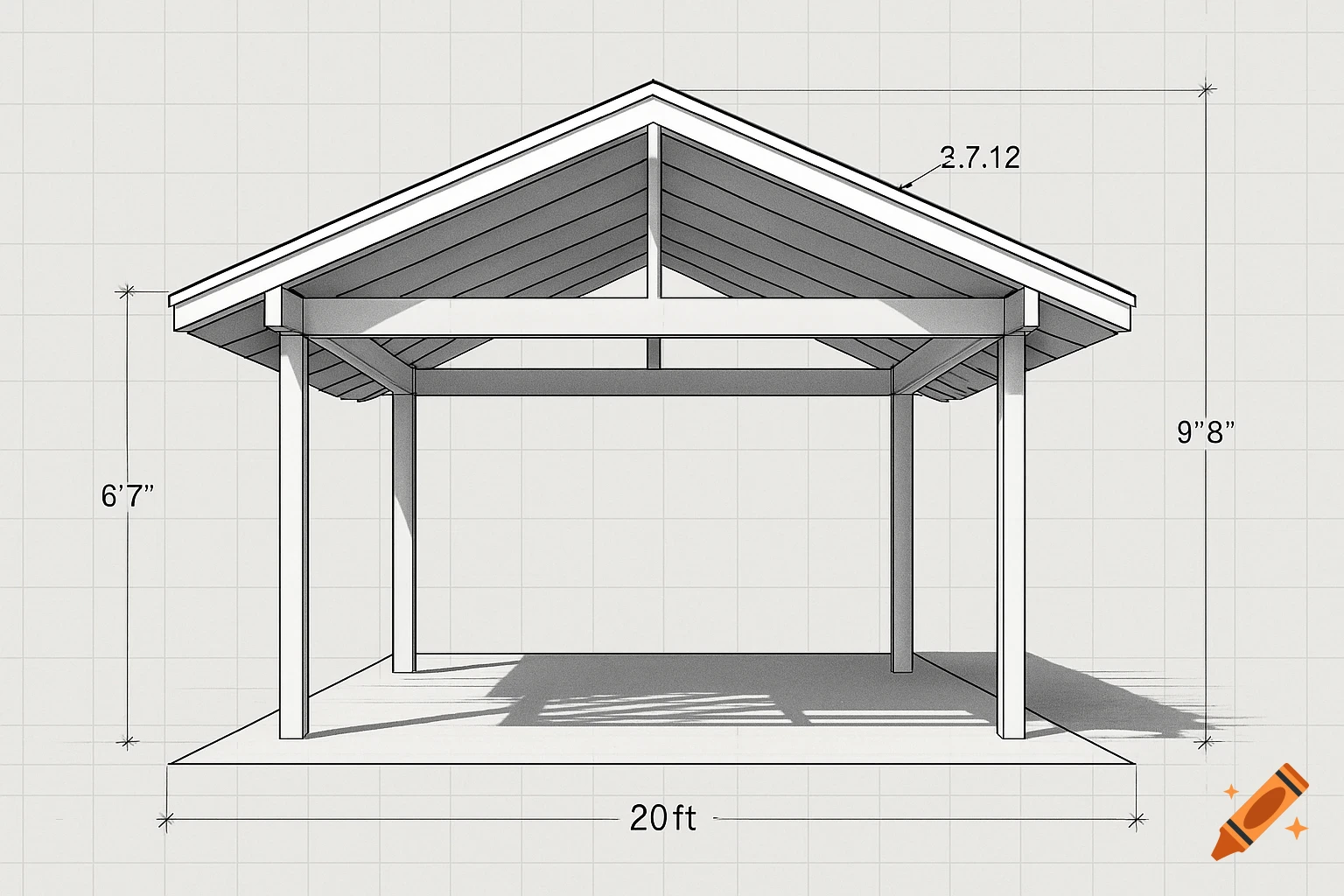 Line drawing of a shed or pavilion with a pitched roof, showing dimensions for width, height, and roof pitch.