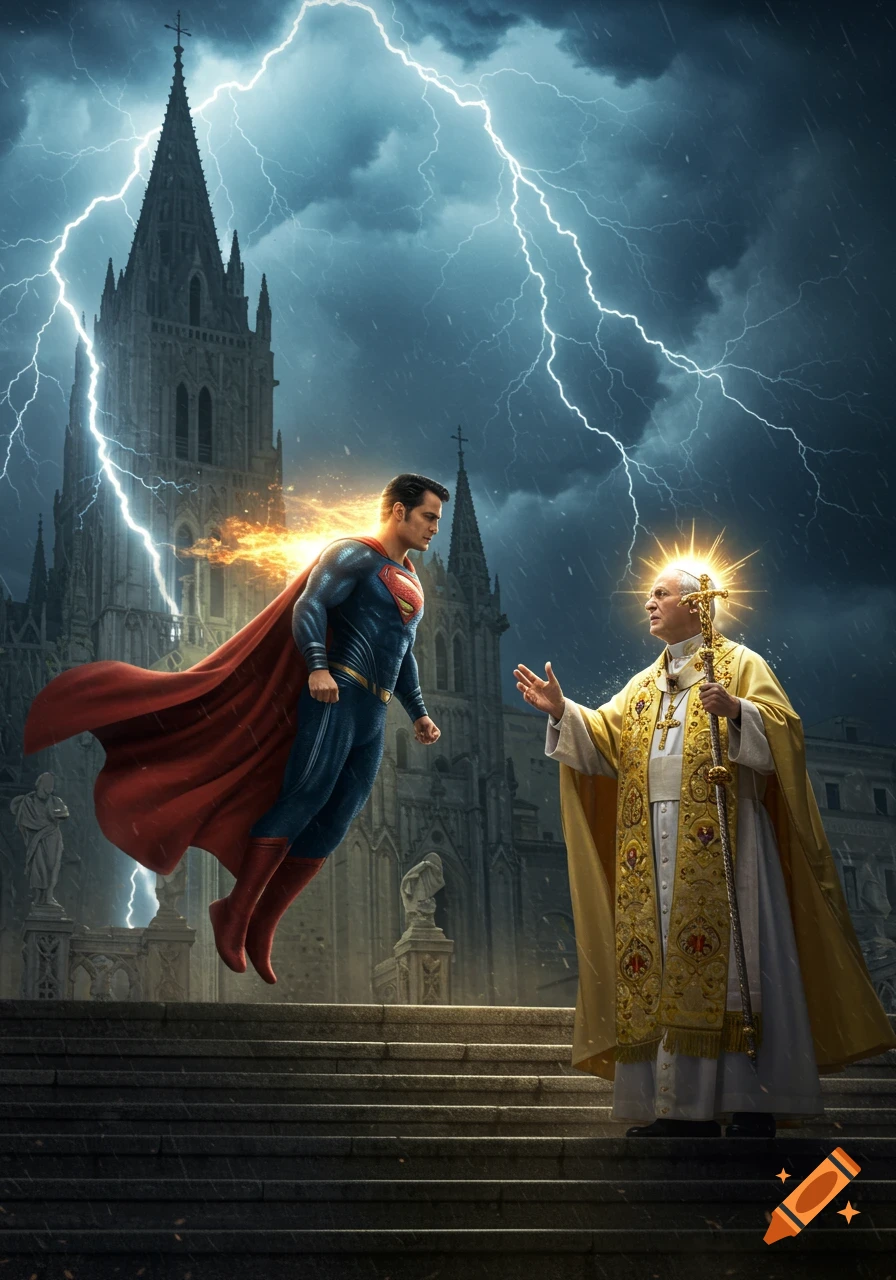 Superman hovers before a Pope-like figure on the steps of a gothic cathedral under a lightning-filled, stormy sky.