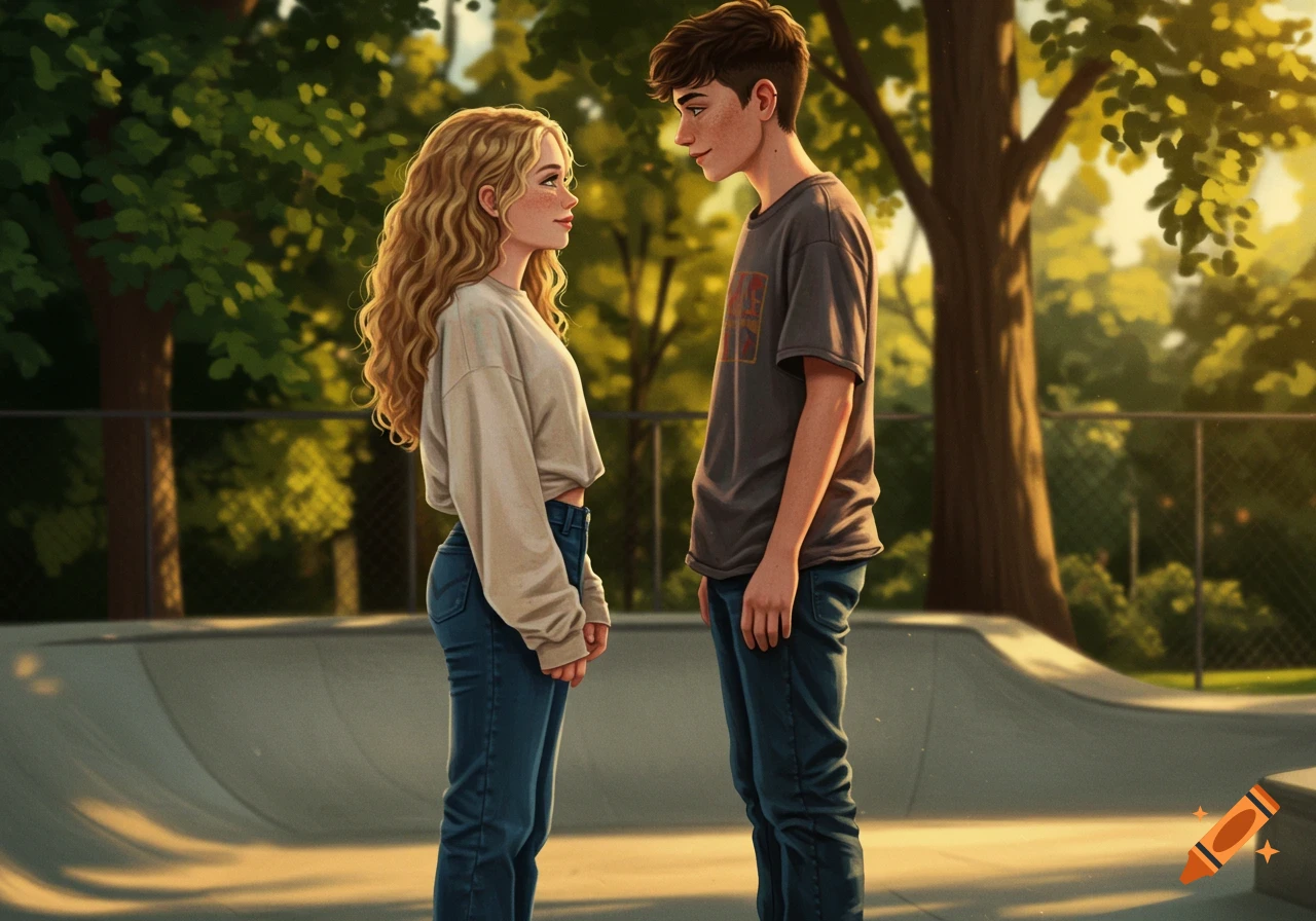 A semi-realistic digital painting of a young man and woman standing and looking at each other in a skate park.