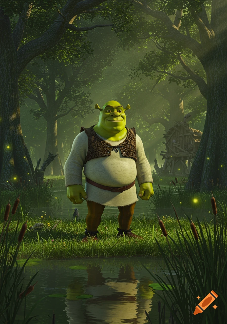 Shrek the ogre stands smiling in a swamp with trees and cattails, his hut in the background, digital art.