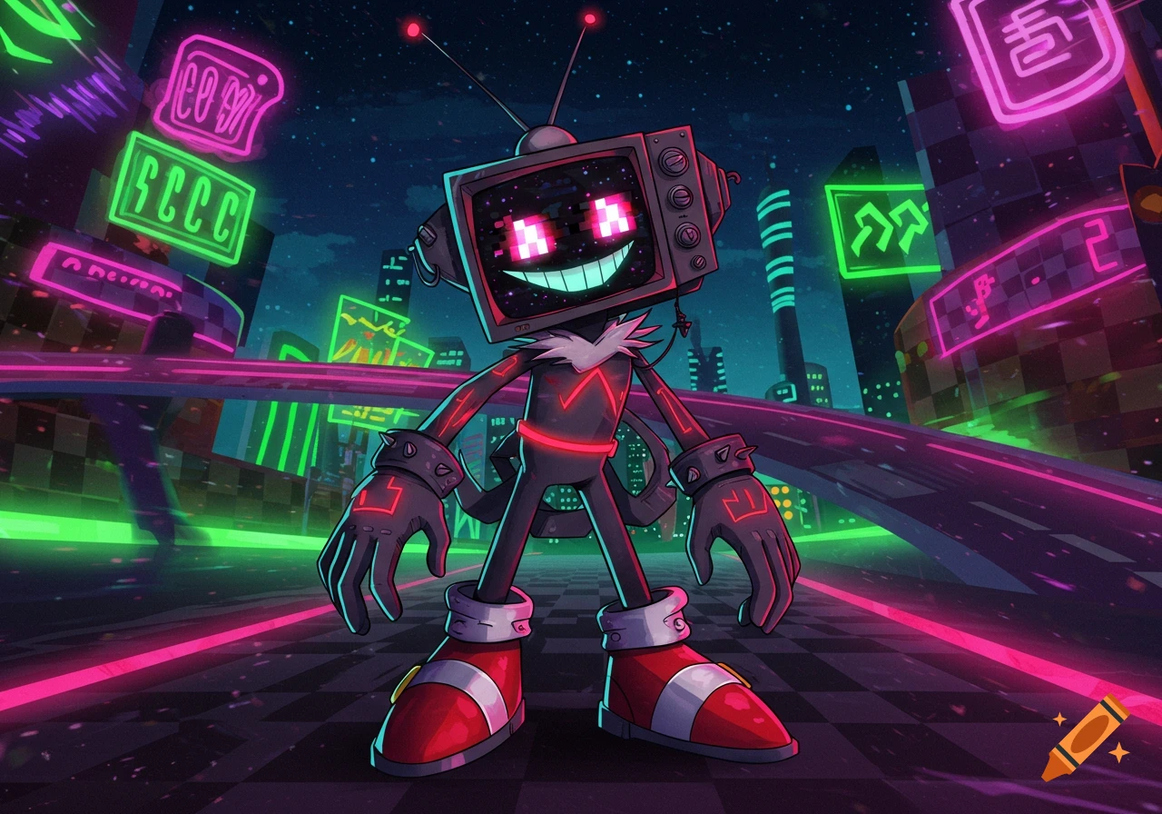 A cartoon character with a TV head and red pixelated face stands on a neon-lit futuristic racetrack at night in a city.