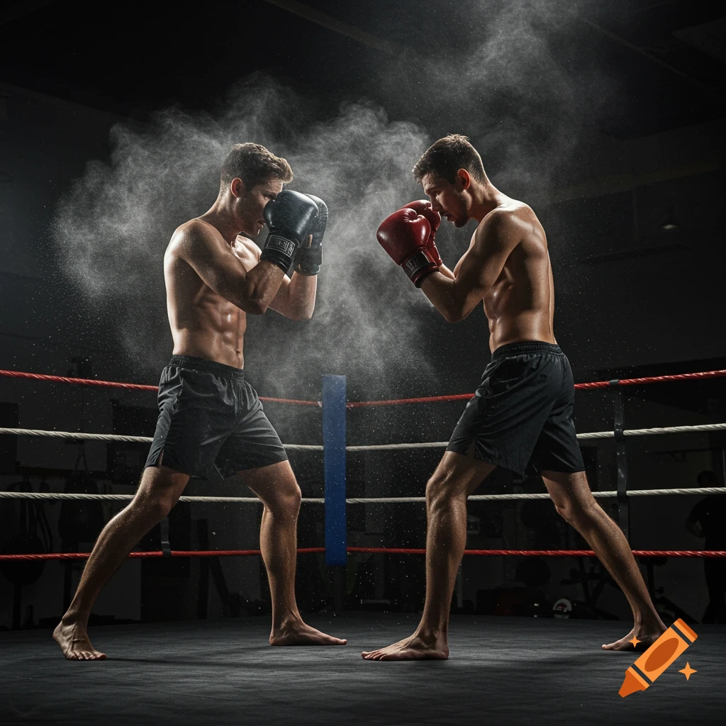 Two shirtless men in boxing gloves spar in a dimly lit boxing ring with dust particles illuminated in the air.