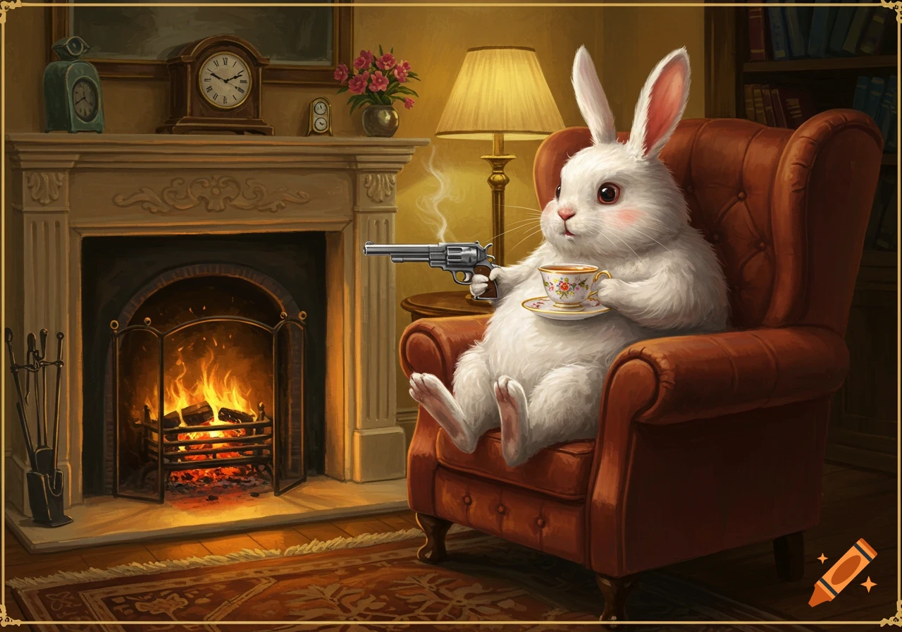An adorable white rabbit in an armchair sips tea with one hand while holding a smoking revolver in the other, by a cozy fireplace.
