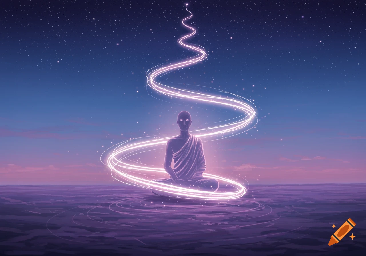 A glowing, meditative figure sits on water under a starry sky with spiraling light trails.