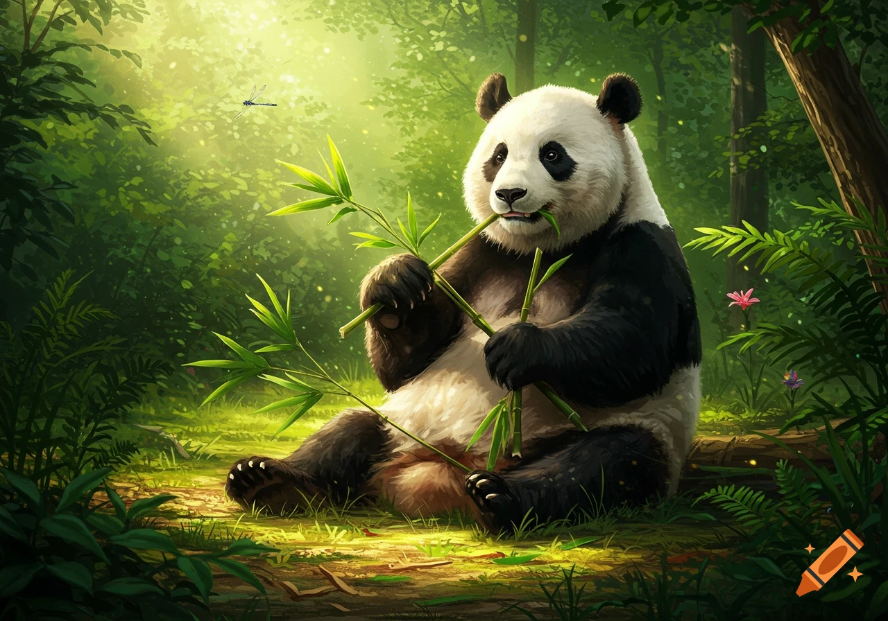 A giant panda sits on the forest floor, happily munching on bamboo stalks in a sunlit bamboo forest.