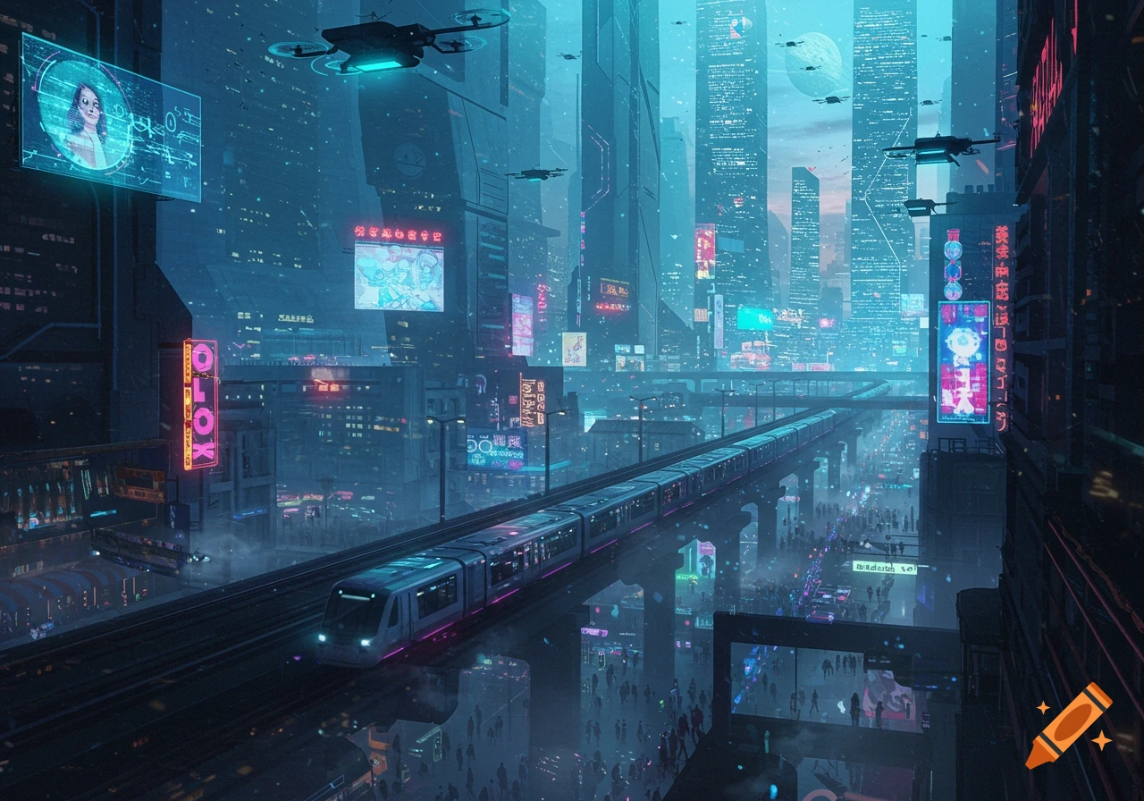 A vibrant, futuristic cityscape at night, with towering neon-lit buildings, a train on elevated tracks, flying drones, and crowds of people below.