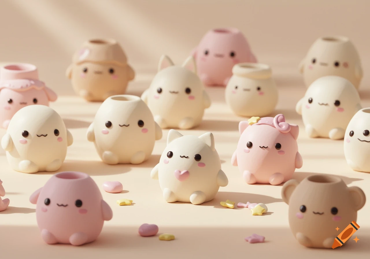Numerous cute, pastel-colored clay-like figurines with simple faces, some resembling animals, on a light surface.