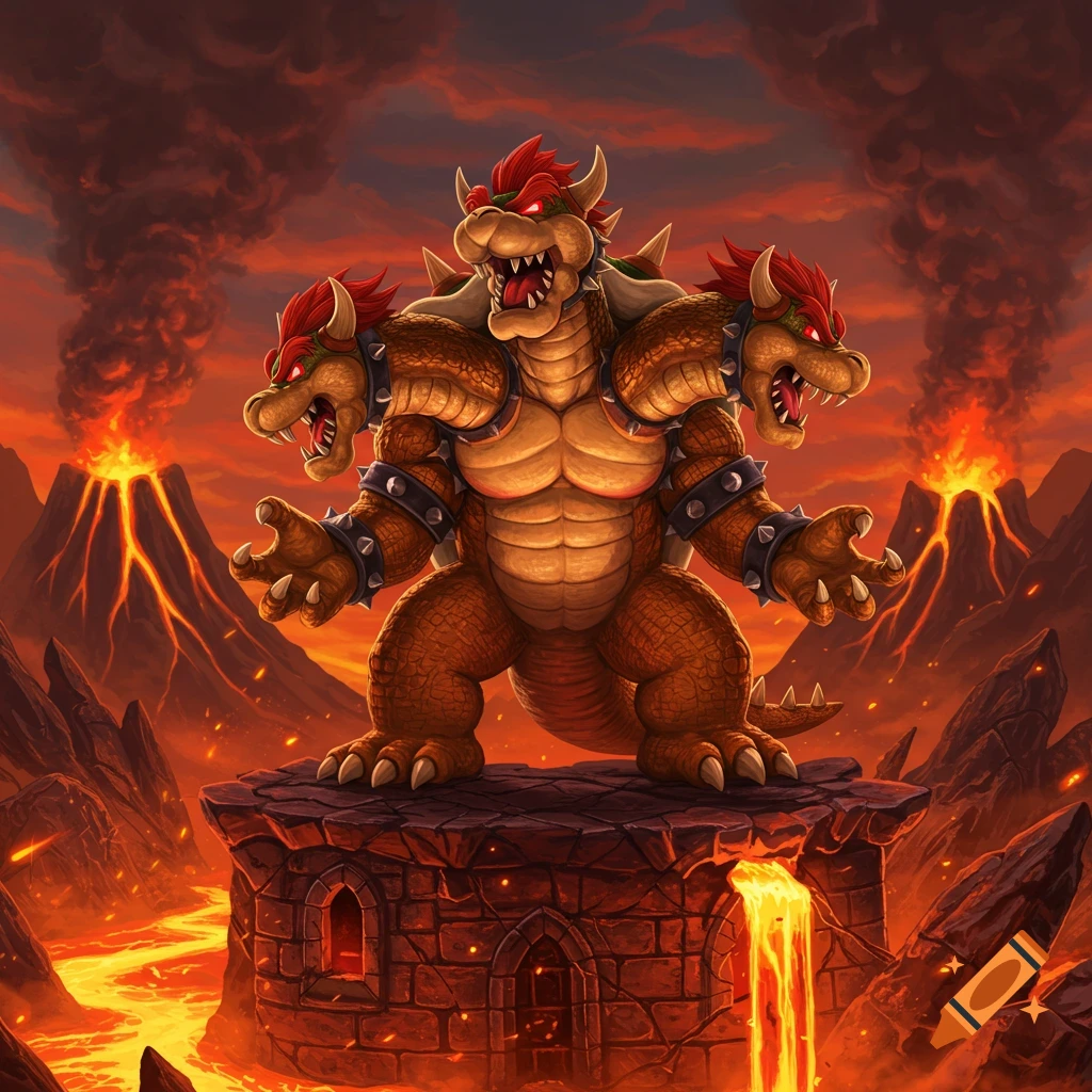 A fearsome three-headed Bowser stands on a stone platform in a vibrant volcanic landscape with lava flowing and smoke rising.